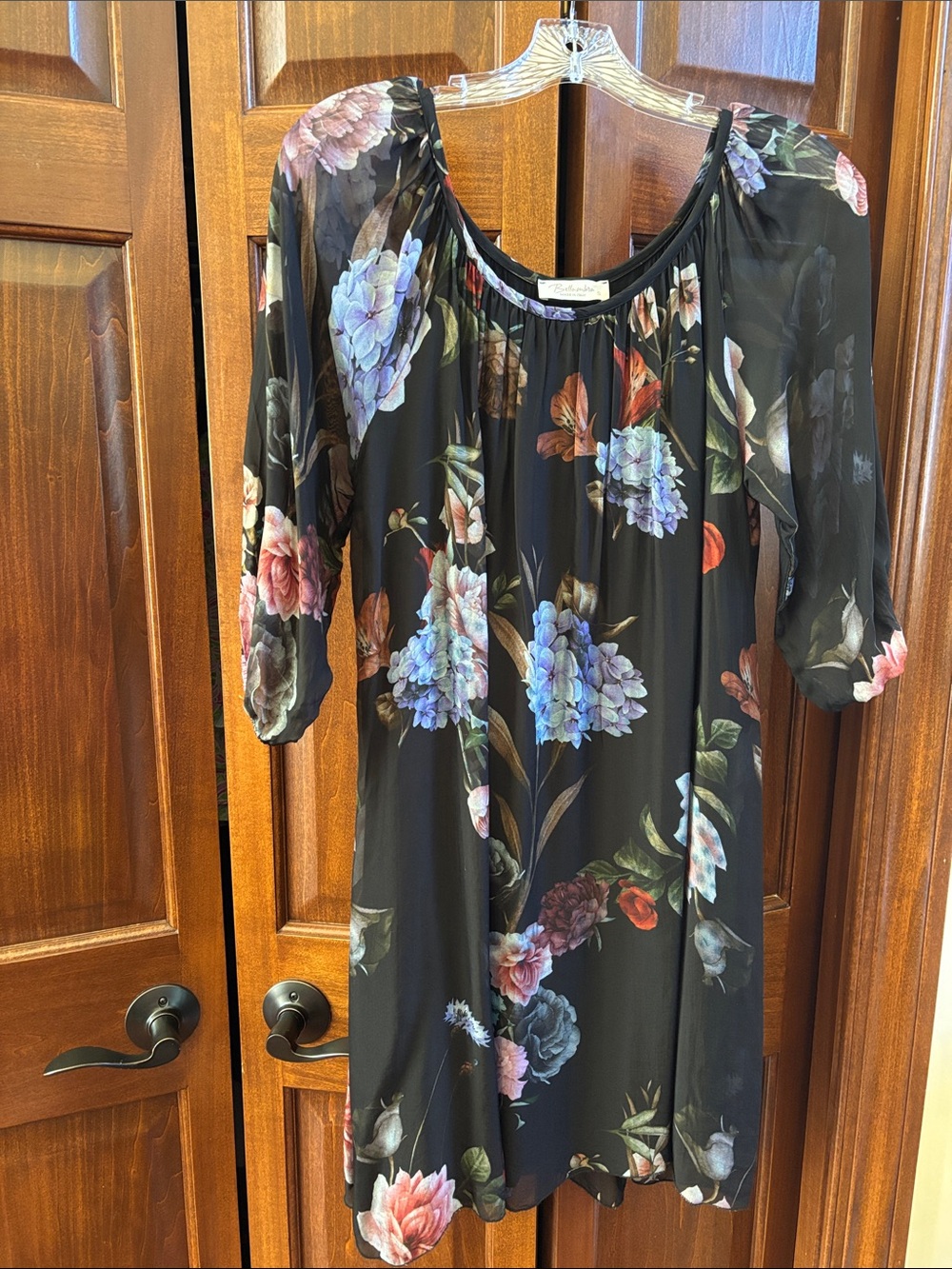 Black Floral Mini Dress Made In Italy - Blue & Pink Blooms. Size Small.